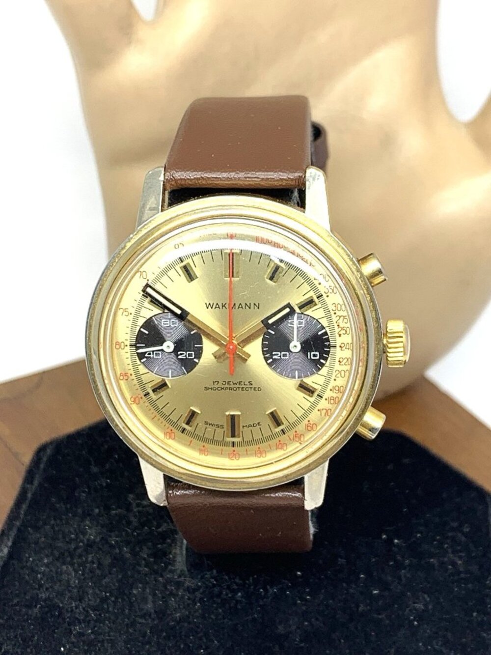 Wakmann Men's Watch Vintage Swiss Manual Wind 1376 Chronograph Gold Dial 37mm
